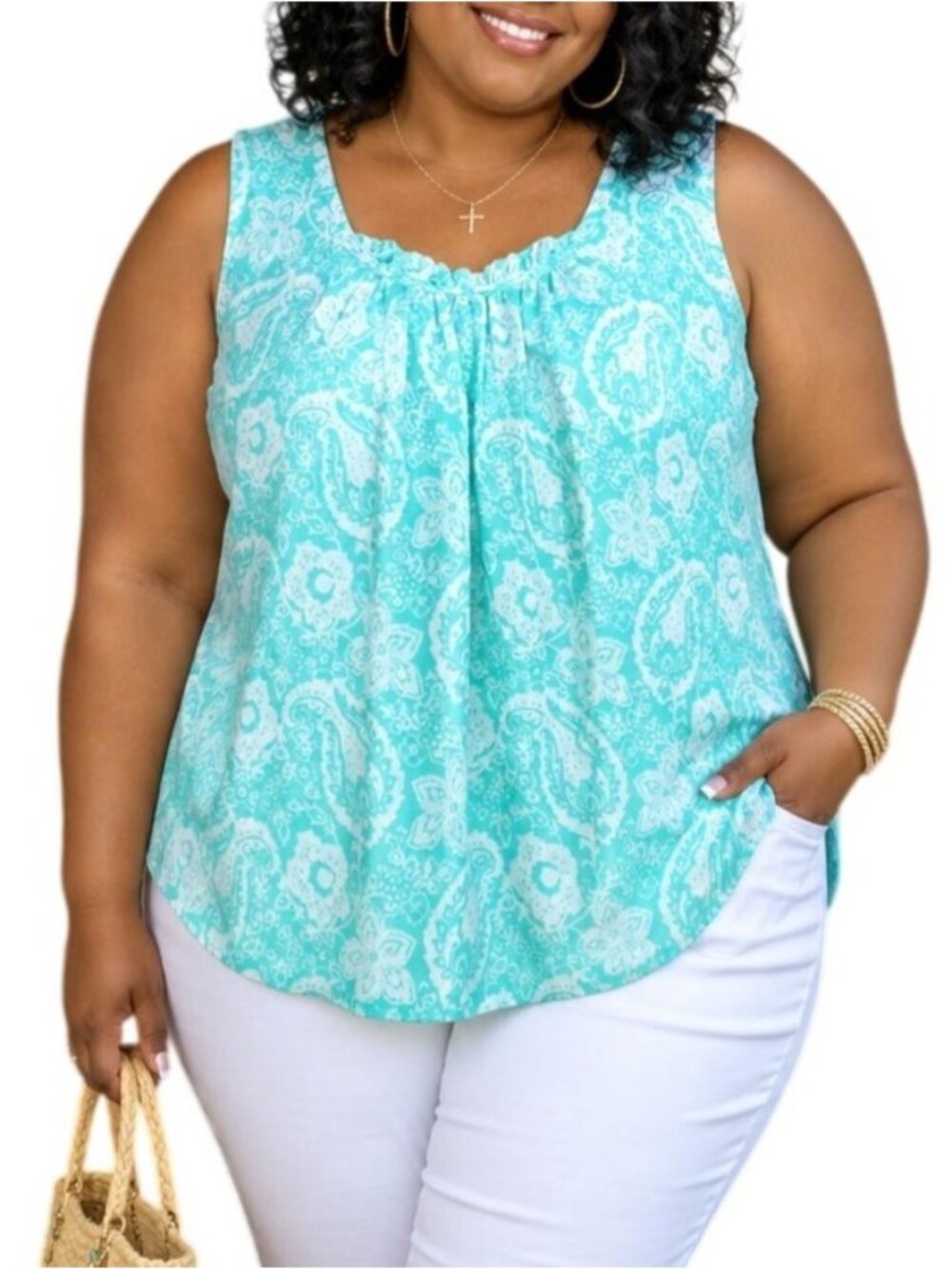 George ME Plus Size 2X Top Paisley Sleeveless Bleached Teal Lightweight Casual